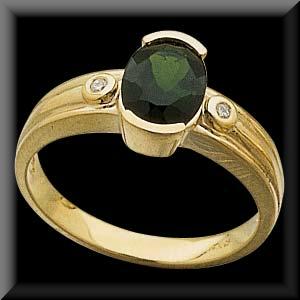 Bezel Set Genuine Green Tourmaline & Diamond Ring
