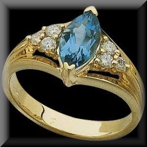 Striking Marquise Cut Swiss Blue Topaz, Diamond Ring 14K Yellow Gold