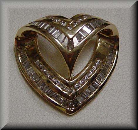 Beautiful Baguette Diamond Heart Shape Slide Pendant 14K Yellow Gold