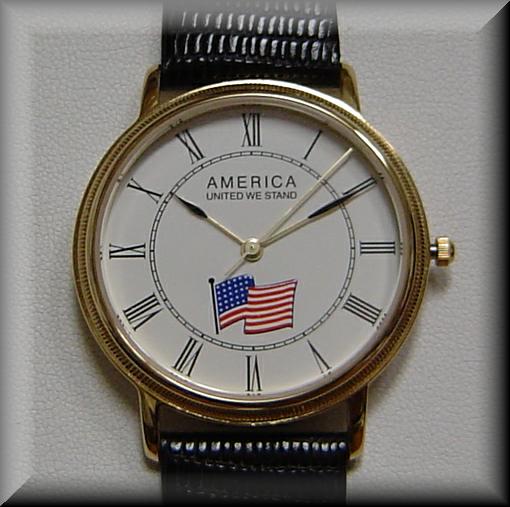 Closeout Gold Tone Gents American Flag Dress Wrist Watch