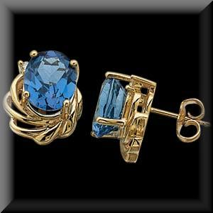Large Oval Swiss Blue Topaz and Diamond Stud Earrings 14K