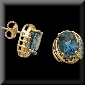 Beautiful Oval London Blue Topaz and Diamond Stud Earrings 14K