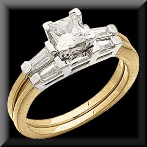 Princess Cut Diamond and Baguette Engagement Ring 14K Two Tone Gold