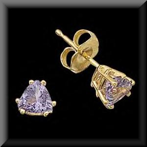 Genuine Trillion Cut Tanzanite Stud Style Earrings 14K Yellow Gold