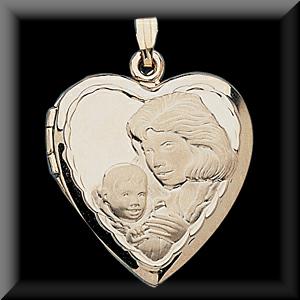Mother with Child 14K Yellow Gold Heart Shaped Locket