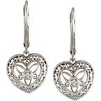 Sterling Silver Diamond Heart Lever Back Earrings Filigree